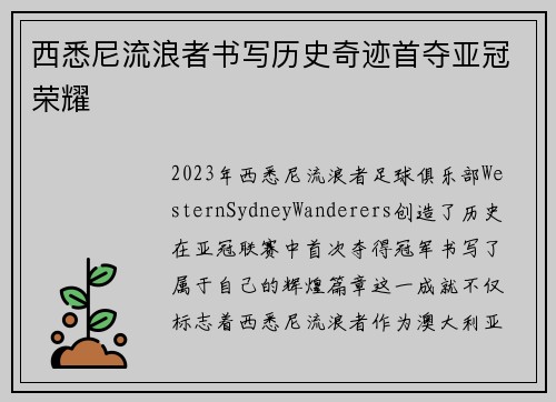 西悉尼流浪者书写历史奇迹首夺亚冠荣耀
